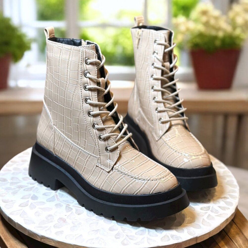 Topshop Kara Lace-Up Combat Boots Croc Embossed Beige Lug Sole Women’s 9.5 / 40 - Picture 5 of 15